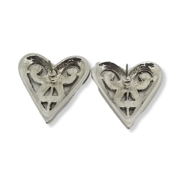 VINTAGE SILVERTONED FILIGREE HEART EARRINGS SET WITH SPARKLING MARCASITE STONE - Picture 4 of 4
